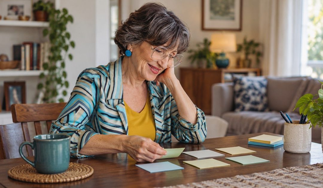 A mature woman with a short salt-and-pepper bob and glasses arranges a few simple household task notes at a modest dark wood table.