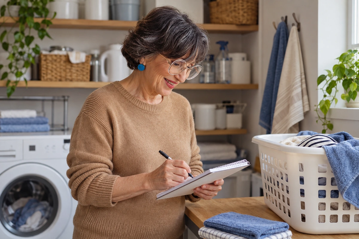 Woman listing household responsibilities beside a laundry basket