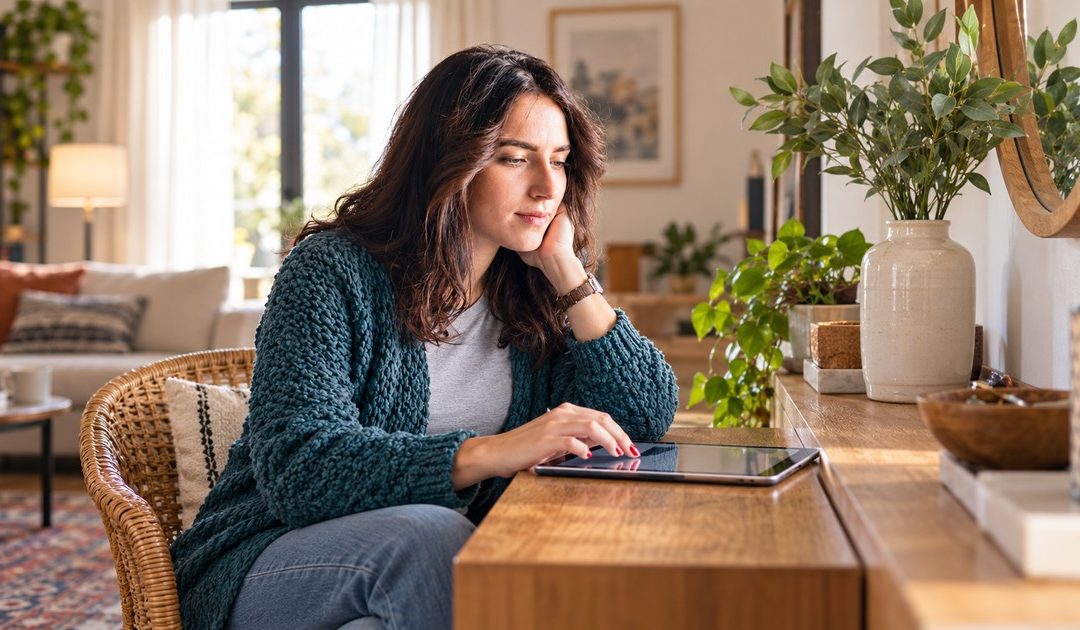 A dark-haired woman in a teal cardigan reviews a shared household decision plan on a tablet laid flat on a narrow oak console.