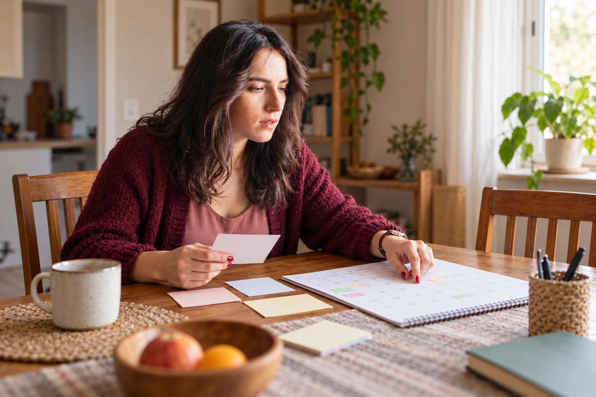 Woman reviewing a household calendar and task cards at a dining table